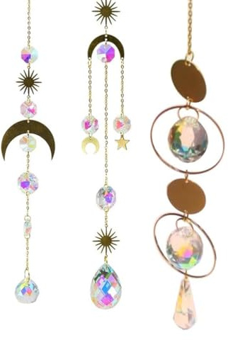 Acchiappasole Cristallo, 3 Pezzi Acchiappasole Cristallo Appeso Scacciapensieri Arcobaleno Sole Luna Ciondolo Ornamento Sfere per Finestra Casa Giardino Natale Giorno Festa Matrimonio