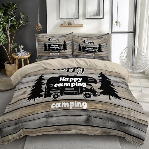 Quixora Bettwäsche Bettbezug Set 155 x 220 cm Happy Camping Wohnmobil Bettbezug für Jungen Kind Hypoallergen Bettwäsche-Set Drucken Bettwäsche Mikrofaser Hellbraun Bettbezug mit Reißverschluss