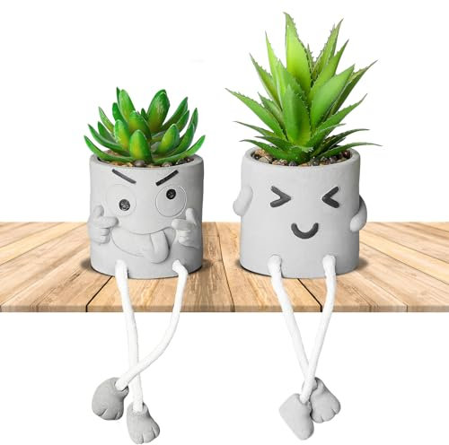 2 Piezas Divertidas Plantas Artificiales Decorativas, Plantas Artificiales con Maceta de Cemento, Mini Plantas Artificiales, Plantas suculentas de plástico, decoración de Dormitorio, decoración de