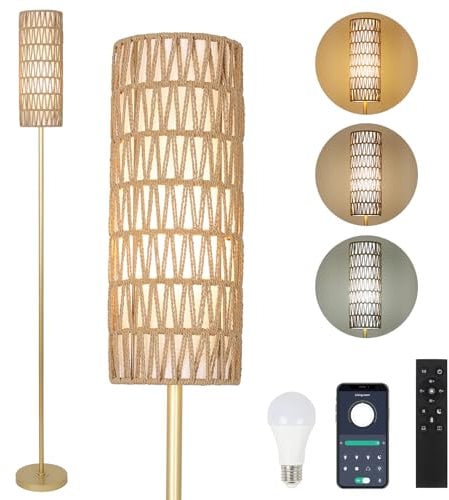Rayofly Gold Stehlampe Wohnzimmer, Dimmbar Stehlampe mit Fernbedienung, App-Steuerung, Rattan Stehlampe mit Rattan & Leinen Lampenschirm, Modern Floor Lamp für Schlafzimmer, Büro (Inklusive Glühbirne)