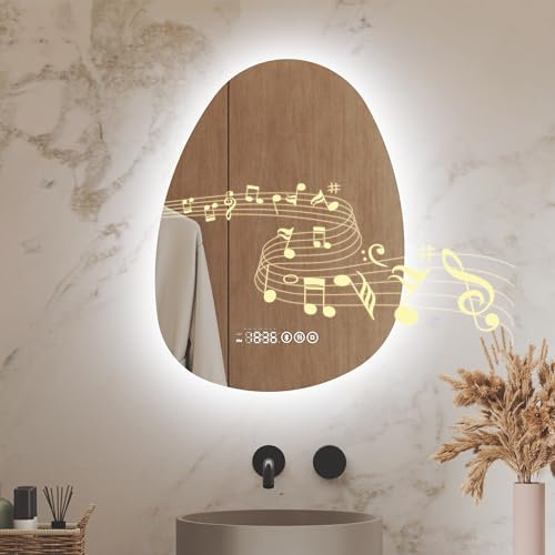 S'AFIELINA Miroir de Salle de Bain avec Éclairage Asymétrique 60×45×3,0 cm (H×L×P), Interrupteur Tactile, 3 Couleurs de Lumière Réglables, Antibuée, Bluetooth, Horloge, Température et Fonction Mémoire