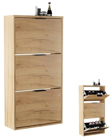 Planetmöbel Schuhschrank schmal mit 3 Klappen platzsparender Schuhregal mit 6 Ablagen, Schuhkommode für Diele, Flur, Garderobe 60 x 23 x 118 cm, Gold Eiche