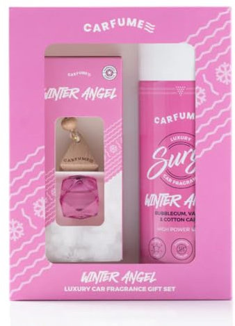 Carfume Winter Angel Car Air Freshener Gift Set | Limited Edition Scent | Bubblegum, Vanilla & Cotton Candy Fragrance - Hanging Diffuser & Surge Can - Luxury Pink Car Accessory Gift For Women