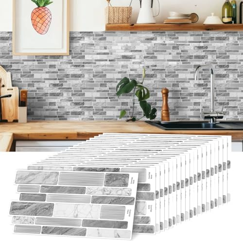 20 Stück Fliesenaufkleber, Mosaik Fliesenaufkleber 12x24,6 cm Badezimmer Selbstklebende Fliesendekor Aufkleber Backstein zum Küche Esszimmer Bad Fliesenfolie Deko (Grau)