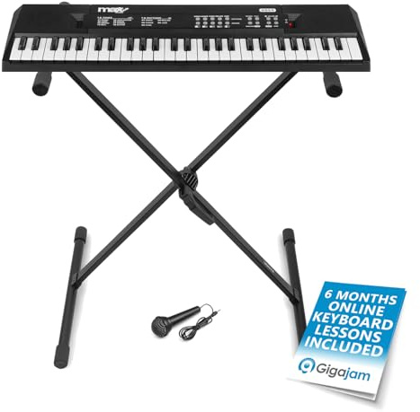 MAX KD54 portable electronic music keyboard bundle with 54 keys, folding stand, rechargeable battery, duo speakers, microphone – children’s instrument set for learning, practice, and storage ease
