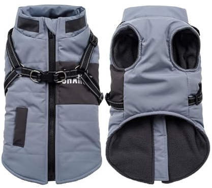 Hundejacke für kleine mittelgroße Hunde, Warmer winddichter Winter Hundemantel mit Geschirr, Haustier Hunde Welpen Outdoor Skifahren Jacken Weste Kostüm (Blau, L)