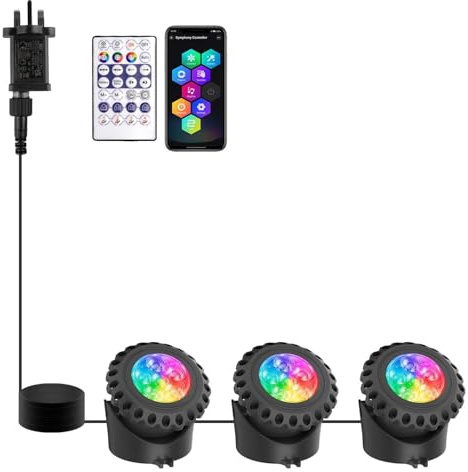 T-SUN RGB Pond Lights Mains Powered Submersible LED Underwater Fountain Spotlights with Bluetooth APP Control IP68 Waterproof for Aquariums Fish Tanks Pools Garden Yard Ponds (Set of 3)