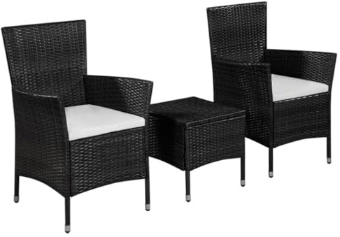 Ziaphsol 3-TLG. Bistro-Set Poly Rattan Schwarz, Gartenmöbel mit Couchtisch, 2 Stühlen, Cremeweißen Kissen, für Balkon, Terrasse, Outdoor-Bereich