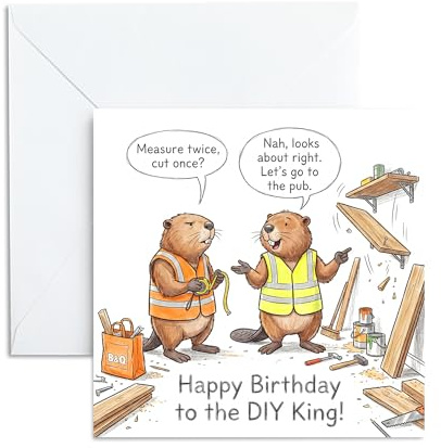 UNMOT DIY King Birthday Card for Men, 14.5 x 14.5 cm with Envelope | Funny DIY fail and cowboy builder design for dad, husband, brother, handyman or friend ; blank inside; 300gsm cardstock.