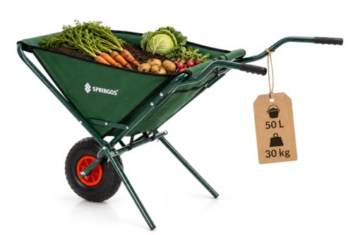Gartenkarre 50L Oxford Stoff klappbar mit Luftreifen Springos | Stahlrahmen mit Oxford-Gewebe, 3 Taschen und faltbar für Gartenarbeit und Transport