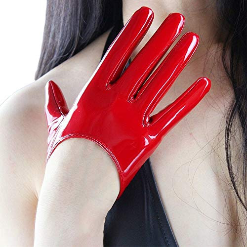 DooWay Fashion Short Latex Dress Gloves for Women Costume Wet Look Faux Patent Leather, Red, Medium