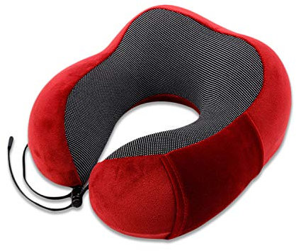 FANDARE Nackenkissen Reisekissen aus Memory-Schaum Neck Pillow Damen Herren Jugendliche Nackenhörnchen Nackenstützkissen Kissen mit maschinenwaschbar für Flugzeug/Auto/Zug Reisen,Zuhause,Büro rot