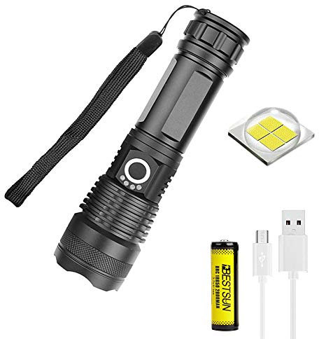 Linterna LED XHP50 recargable por USB 6000 lúmenes Super brillante Linterna de mano XHP50 Pantalla de potencia con zoom 5 modos de iluminación Lámpara de antorcha impermeable para senderismo, pesca