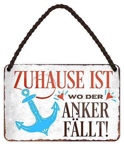 Zuhause ist wo der Anker fällt - Metallschild mit Kordel und Saugnapf - maritim Deko Garten Hauseingang Haustür Boot - Geschenkidee für Nordlichter Nordsee Küsten Norddeutschland Fans - 18x12cm