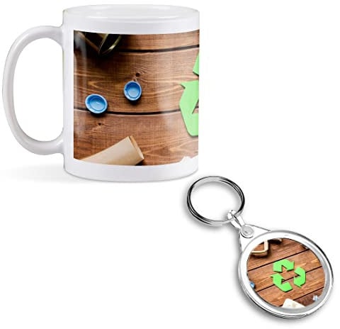 1 x 11oz (284ml) White Ceramic Mug Cup & 1 x Round Acrylic Keyring Set - Eco Recycling Symbol Sign Bins Design for Coffee Tea Drinks Kitchen Birthday Office #21487
