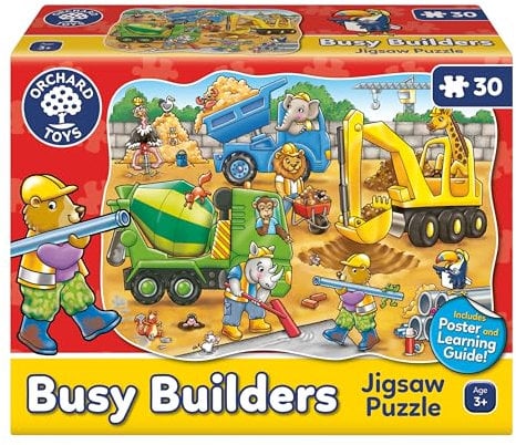 Orchard Toys Busy Builders Jigsaw Puzzle Age 3+, 30-Piece Shaped Educational Jigsaw Puzzle, For Kids +, Develops Hand-Eye Coordination