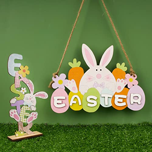 BHGT 2 Pz Ciondoli Pasquali Pendente Legno Pasquali Coniglio Scritte Easter Ornamenti Appendere Decorazioni Tavola Casa Festa Albero di Pasqua Centrotavola Artigianato Porta Ingresso