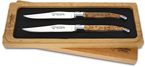Laguiole en Aubrac - 2er Set Laguiole Steakmesser aus Frankreich - Griff Lindenholz - Stahl glänzend - Original mit Zertifikat