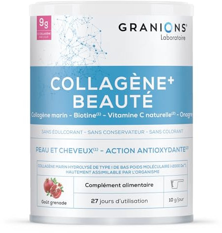 COLLAGENE +BEAUTE Granions - COLLAGENE MARIN Poudre - Formule HAUTEMENT CONCENTRÉE - Collagene et Acide Hyaluronique - Beauté Peau et Cheveux - Saveur Grenade- Collagene Poudre 275g