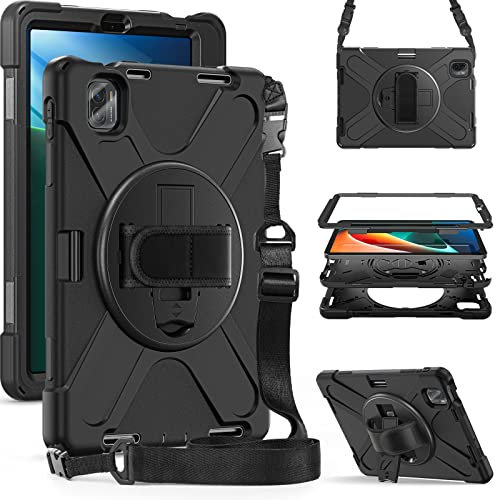 FONREST Funda para Xiaomi-Mi-Pad-5/Pro 11'' 2021 con Soporte para lápiz Capacitivo, Carcasas Híbrida portátil Anti-choques con asa giratoria de Gancho y Bucle de 360°, Correa para el Hombro(Negro)