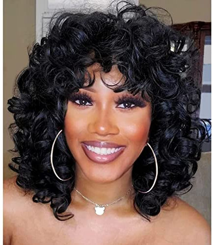 PORSMEER Afro Perücke Damen Synthetische große lockige Perücke Natürliche Haar für Frauen Herren, Kinky Curly mit Pony kurze Perücken für Schwarze Damen (Schwarz)