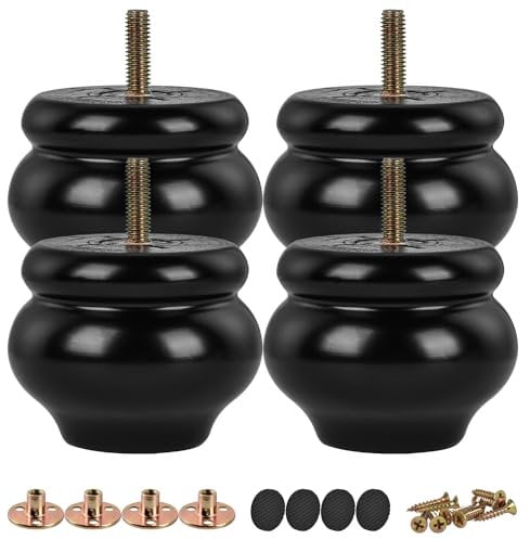 TCHOSUZ 2 inch / 5cm Wooden Furniture Legs, Pack of 4 Classic Black Solid Wood Turned DIY Replacement Bun Feet with M8 Hanger Bolts & T-Nuts for Sofa Couch Ottoman Cabinet Table Riser