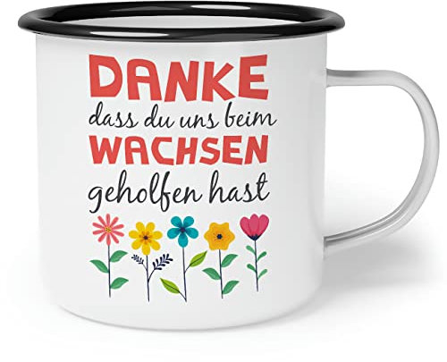 OM3® Kita Abschied Kindergarten Emaille-Tasse mit Spruch - danke dass du uns beim wachsen geholfen hast II | Emailletasse Emaille Becher | 12oz 300ml | Beidseitig Bedruckt | Weiß-Schwarz