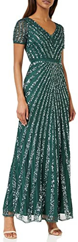 Maya Deluxe Womens Maxi Ladies Embellished Sequin Long Short Sleeve V Neck High Empire Waist Cut Shiny Prom Wedding Bridesmaid Dress, Emerald Green, 8
