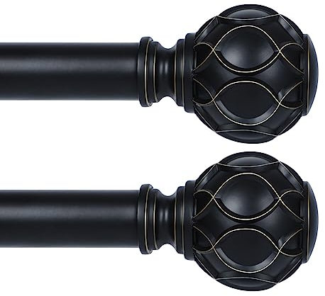 TANGWIN Schwarze verstellbare Gardinenstangen für Fenster, Landhaus-Stil, robuste Gardinenstange für Schlafzimmer, Wohnzimmer, dekorative rustikale Vorhangstangen im Boho-Stil mit Vintage-Endstücken