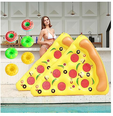 JUNZAI Wasser HäNgematte Pool, Pizza Wasser HäNgematte, Mit 3/6 GeträNkehaltern Luftmatratze Pool Pizza FüR Erwachsene Im Beach Pool,2PCS
