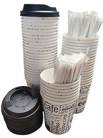 100 Vasos Desechables Café de Papel Cartón de 240 ml con 100 tapas, Vasos Resistentes y Elegantes para Bebidas Calientes o Frías, Perfectos para Oficina y Hogar. Incluyen 100 Paletinas de Madera