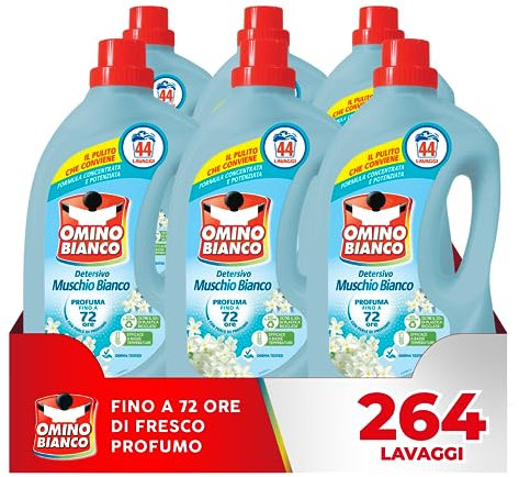 Omino Bianco - Detersivo Lavatrice Liquido, 264 Lavaggi, Rispetta Colori e Tessuti, Fresco Profumo con Essenza di Muschio Bianco, 1760 ml x 6 Confezioni