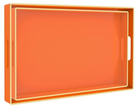 MAONAME Orange Serving Trays Set of 2, Plastic Decorative Trays with Handles, Rectangular Coffee Table Trays for Ottoman, Nesting Trays for Living Room, Bedroom