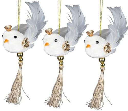 3Pcs White Robin Bird 7x13cm - Christmas Tree Hanging Decorations Festive Decorative Ornaments Fairy Tale Themed Xmas Tree Pendant