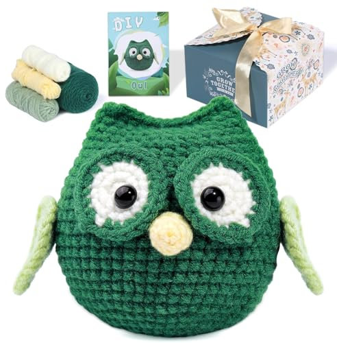 BYNYXI Eulen Häkelset für Anfänger, Tier Häkelmaterial Set Schritt-für-Schritt Anleitungsvideo Elefanten Welpen Milchkuh Igel Komplettes Häkelset für Anfänger Erwachsene, DIY Häkel Strick Starterset