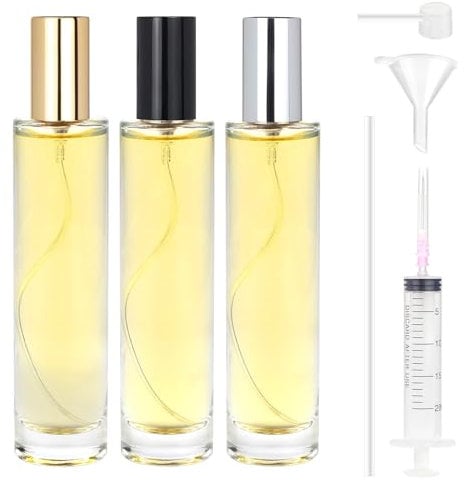 Omsscun 3 Pièces Vaporisateur Parfum Verre 50ml, Flacon Parfum Vide Rechargeable, Atomiseur Parfum en Verre, Bouteille Parfum Vide pour Voyage, Vacances, Cadeaux (Capuchon Doré, Argenté et Noir)