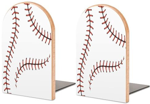Quteprint Buchstützen aus Holz für Regale, Schreibtisch-Buchstützen, 2 Stück, Sport-Baseballstiche, Schnürsenkel, dekorative Büro-, Heimschule, Buchhalter, robuste Buchstopper für Filme, Bücher, Größe