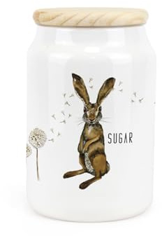 Purely Home Hares & Dandelions Ceramic Sugar Storage Canister - Rhiannon Chauncey Floral Hares Artwork Kitchen Food Storage Container & Wooden Lid 600ml (14.5cm x 9.5cm)
