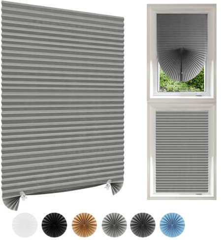 Temporary Blinds Stick On Cut to Size Non-woven Fabric No Drill Self Adhesive Pleated Paper Window Shades for Bedroom Kitchen Bathroom Windows Patio French Doors (2, Light Grey, WxH 120x180cm)