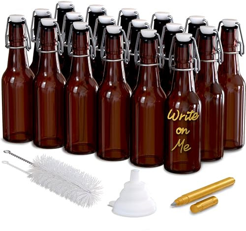 Nevlers 18 botellas de vidrio sellables ámbar de 8.5 onzas con tapas, botella de vidrio con tapa abatible, botellas de vidrio pequeñas para botellas de fermentación, botellas de kombucha, botellas de