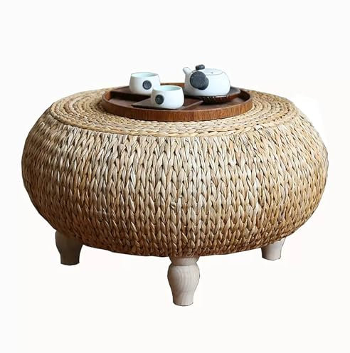 MNBVH Handgeflochtener Couchtisch Aus Rattan, Runder Couchtisch Für Wohnzimmer, Rustikaler Beistelltisch Aus Korbgeflecht, Tatami-Tisch Auf Dem Bauernhof, Teetisch Aus Seegras(Color:A)