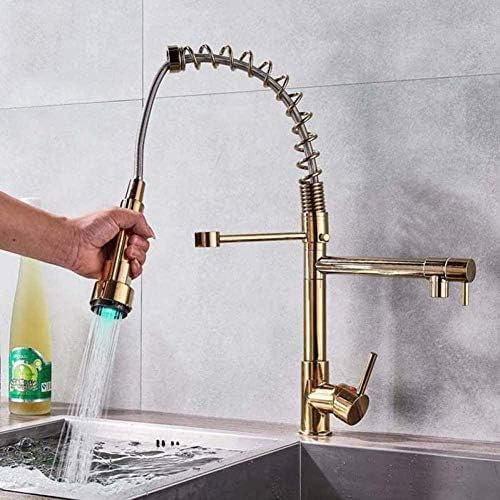 Genérico Grifo de la Cocina,Grifos de Cocina Grifo de Cocina Grifo LED con Cambio de Color Grifo de Cocina Dorado Abatible Doble caño Grifo Mezclador de Cocina frío y Caliente Luz LED de Mano Cabezal