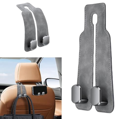 Ktilura 2Pcs Car Hooks for Headrest,Car Seat Back Double Hook Purse & Mobile Phone Holder,Multifunctional Hook for Car Seat Back,Car Hanger Storage Car Seat Back Organizer for Purses,Bags(Grey)