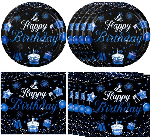 40 PCS Blue and Black Birthday Decorations Happy Birthday Theme Decorations Disposable Tableware Navy Blue Paper Plates Napkins for Women Girls Birthday Party Decorations