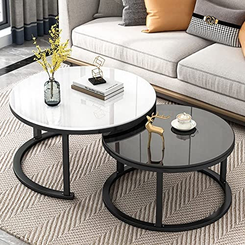 ZJFJMBD Table Basse gigogne Ronde Ensemble de 2 avec Plateau en Verre trempé et Base en métal, Tables d'appoint empilables de Salon Moderne pour Coin canapé