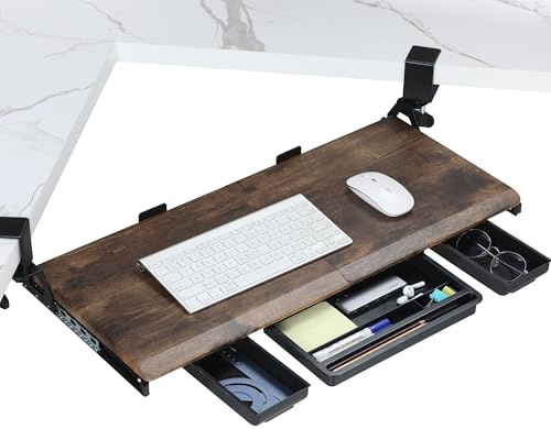 ETHU Under Desk Keyboard Tray with C-Clamp, 68x30cm Walnut Keyboard Shelf for Corner Desks with Soft-Close Sliding & Tool-Free Installation
