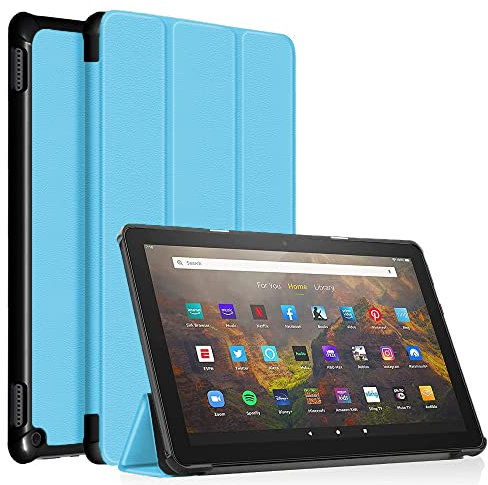 ODQQDO Fire HD 10 Tablet Hülle (11. Gen, 2021), Nicht für Sonlaryin Dreifach Faltbarer Vorderseite aus Leder und Weich TPU Rückseite für Fire HD 10 Kids Pro Tablet, Auto Schlaf/Aufwach(Sky Blue)