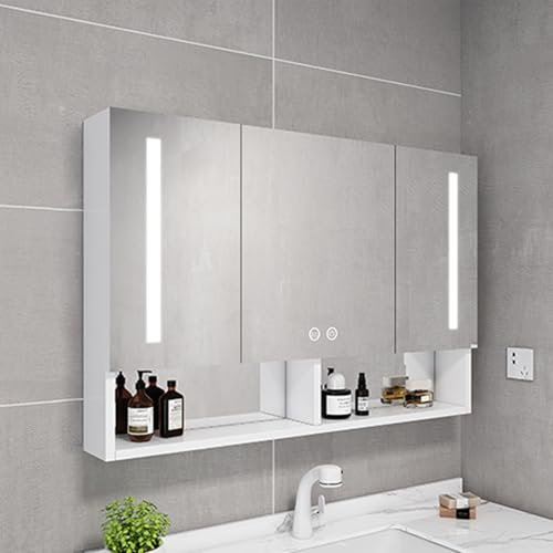 Spiegel Bad mit Beleuchtung Bad Spiegelschrank Spiegelschrank Bad mit 3Türen 60x13x68cm(BxTxH) mit LED & Beschlagfrei Hängeschrank Badspiegel Speicher 3-Farben Modus Speicher Regale(Light white,90x13x