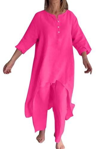 Combinaison pour femmes enceintes en coton et lin uni - Décontractée - Manches longues - Haut - Jambes larges - Pantalon, Rose, 4XL
