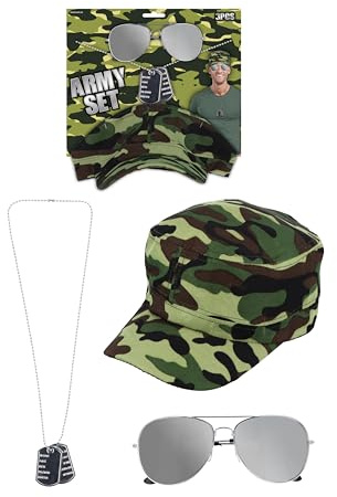HENBRANDT Adult 3-Piece Army Fancy Dress Set with Camouflage Cap, Dark Sunglasses and Dog Tag Necklace - Cosplay Halloween Accessories Set for Men and Women
